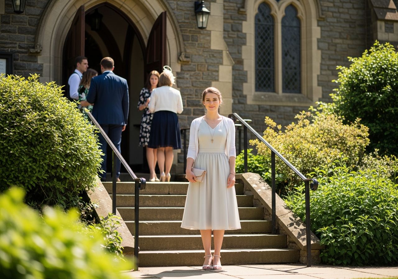 Mladá žena v šatech stojí před kamenným kostelem, drží kabelku, v pozadí další věřící.