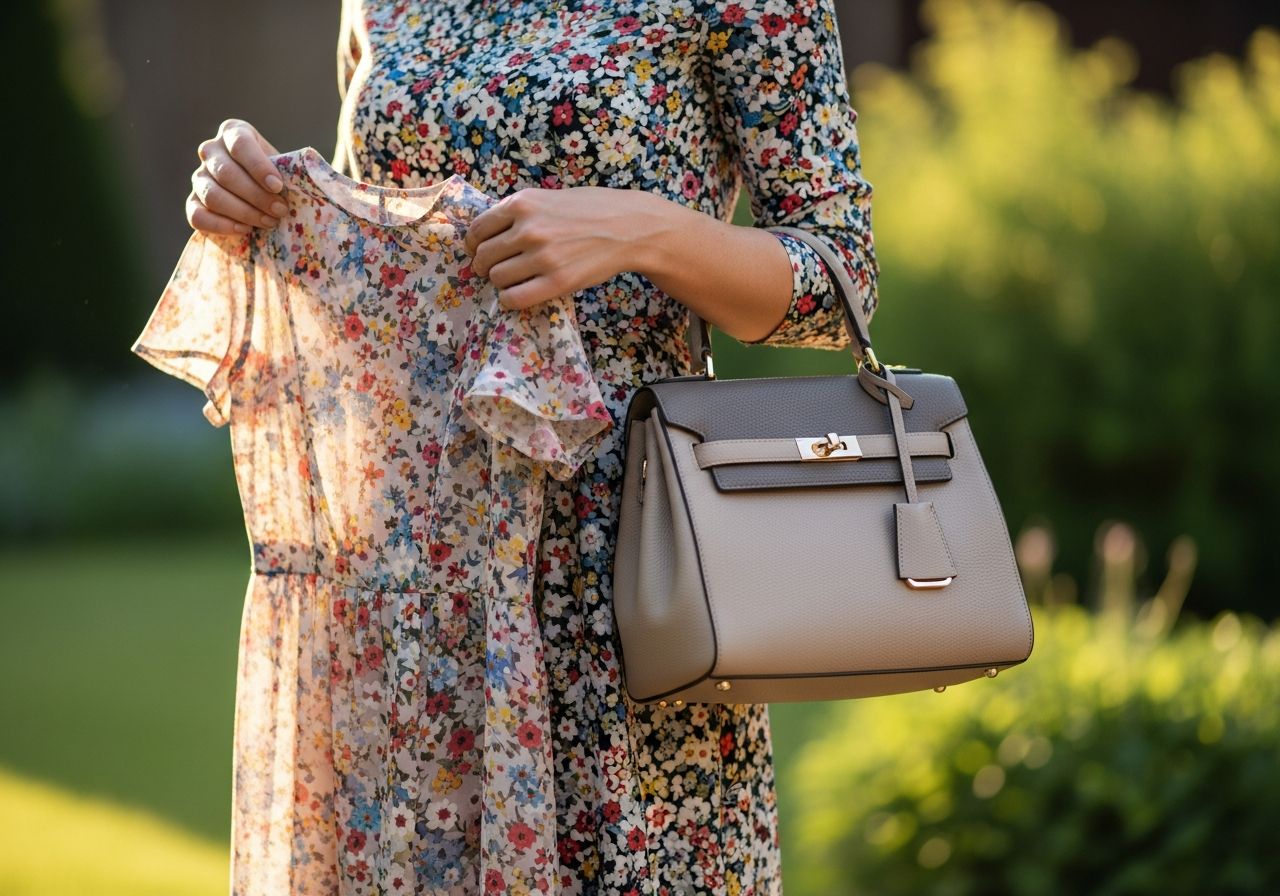 Žena držící květinové šaty a koženou kabelku v zahradě za měkkého přirozeného světla