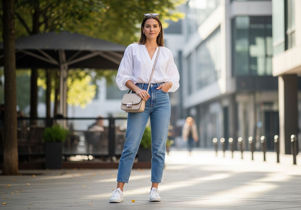 Mladá žena v bílém topu a modrých džínách na městské ulici s kabelkou přes rameno.