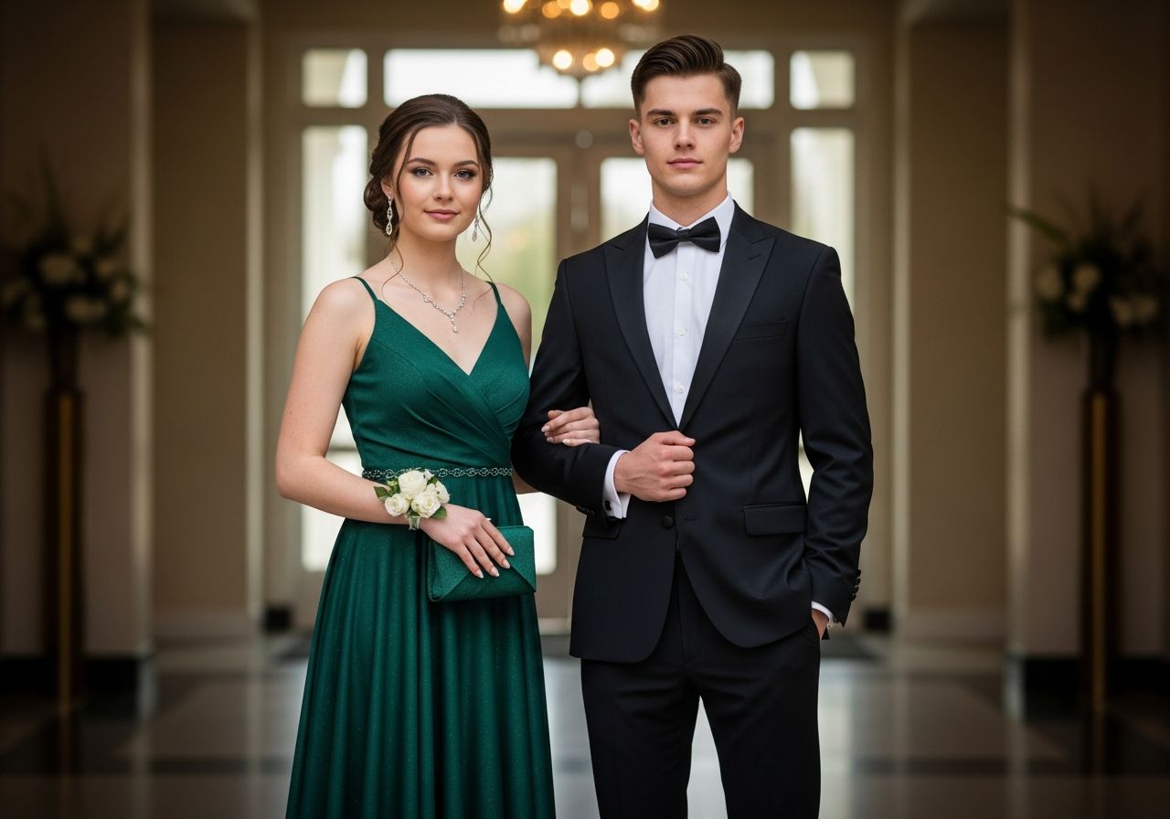 Mladý pár v plesových šatech stojí v elegantním interiéru, připravený na maturitní ples.