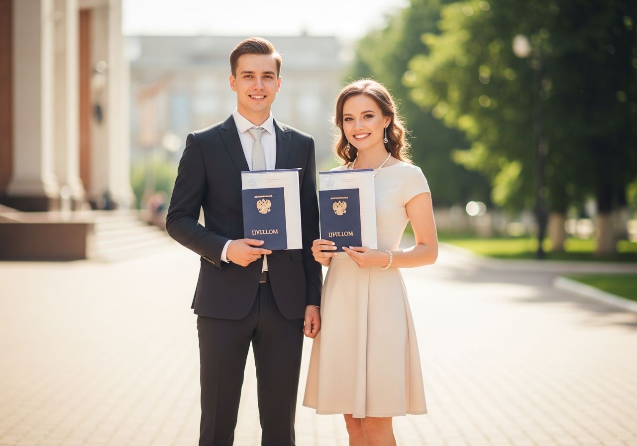 Mladý muž a žena v elegantním oblečení držící diplomy při absolventském dni před univerzitou