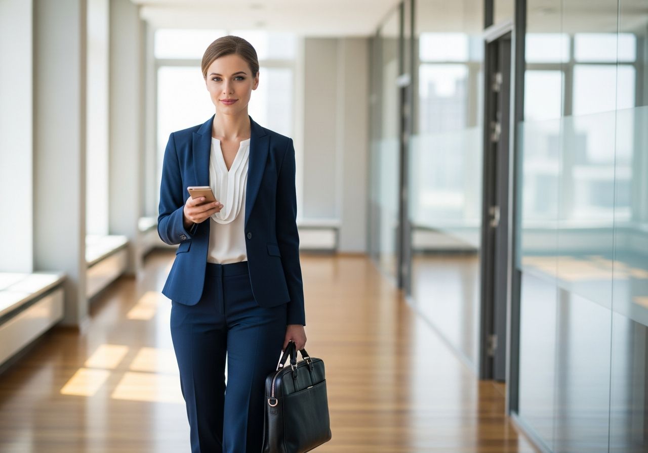 Business žena v tmavém obleku držící aktovku a telefon v moderní kanceláři