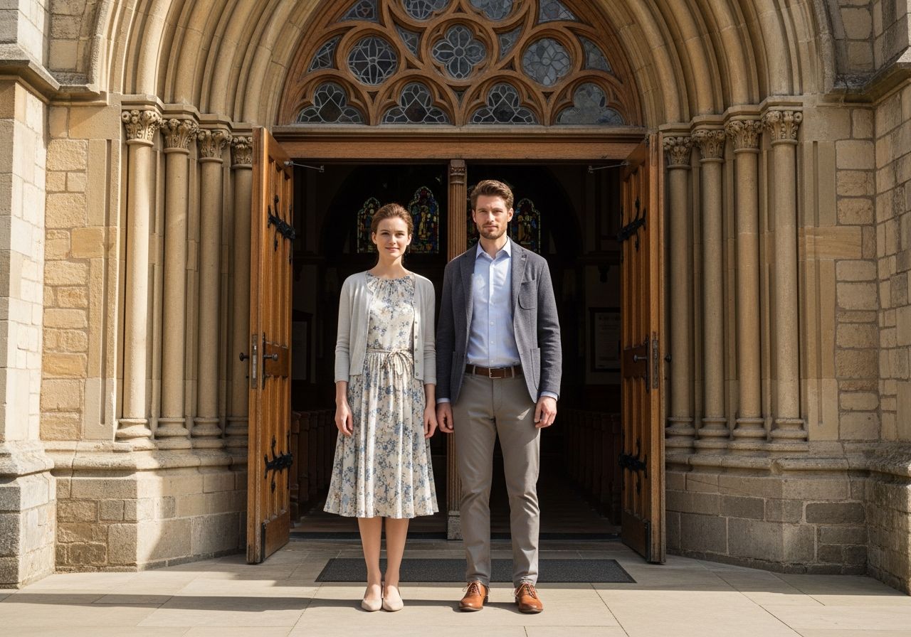 Stylově oblečený pár před vchodem do historického kostela za denního světla.