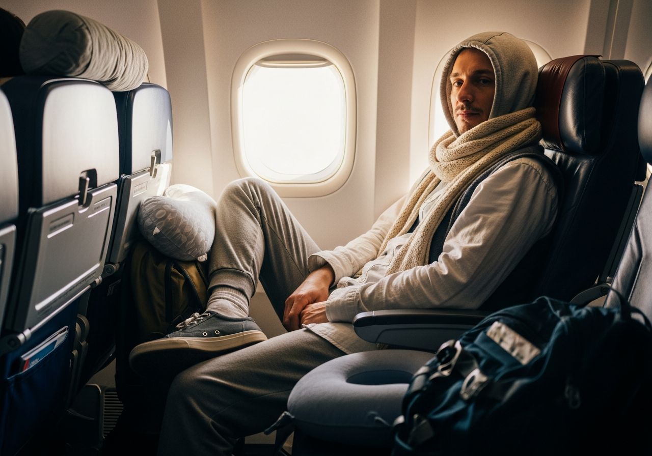 Cestující sedí u okna v letadle v pohodlném oblečení s batohem a cestovním polštářem.