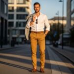 Stylový muž v hořčicových kalhotách a bílé košili s šedým sakem na ulici za zlaté hodiny.