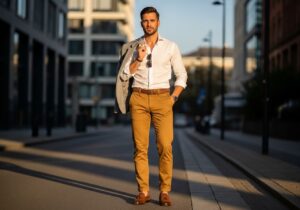 Stylový muž v hořčicových kalhotách a bílé košili s šedým sakem na ulici za zlaté hodiny.