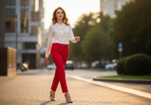 Mladá žena v červených kalhotách a bílé blůze kráčí městem za zlaté hodiny.