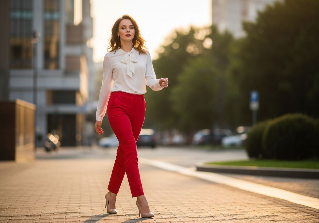 Mladá žena v červených kalhotách a bílé blůze kráčí městem za zlaté hodiny.