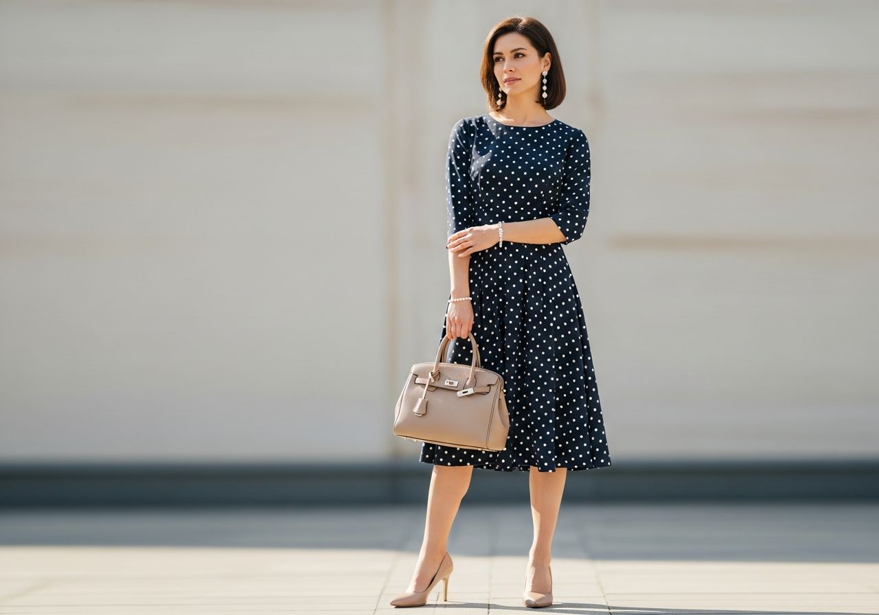 Stylová žena v tmavě modrých šatech s puntíky, drží béžovou kabelku, na neutrálním pozadí.