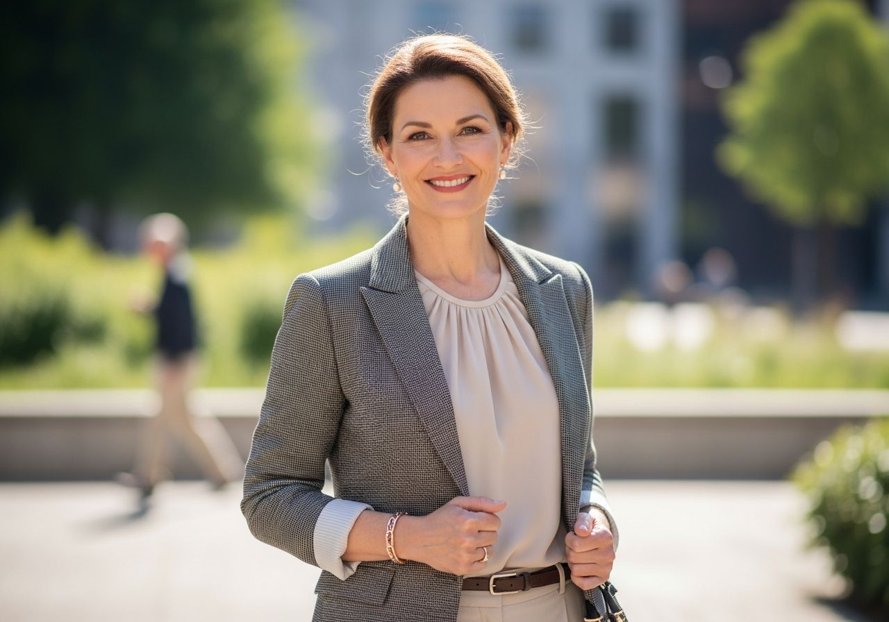 Žena v padesáti letech stojí venku v parku, oblečená v elegantní, pohodlné oblečení, s úsměvem na tváři.