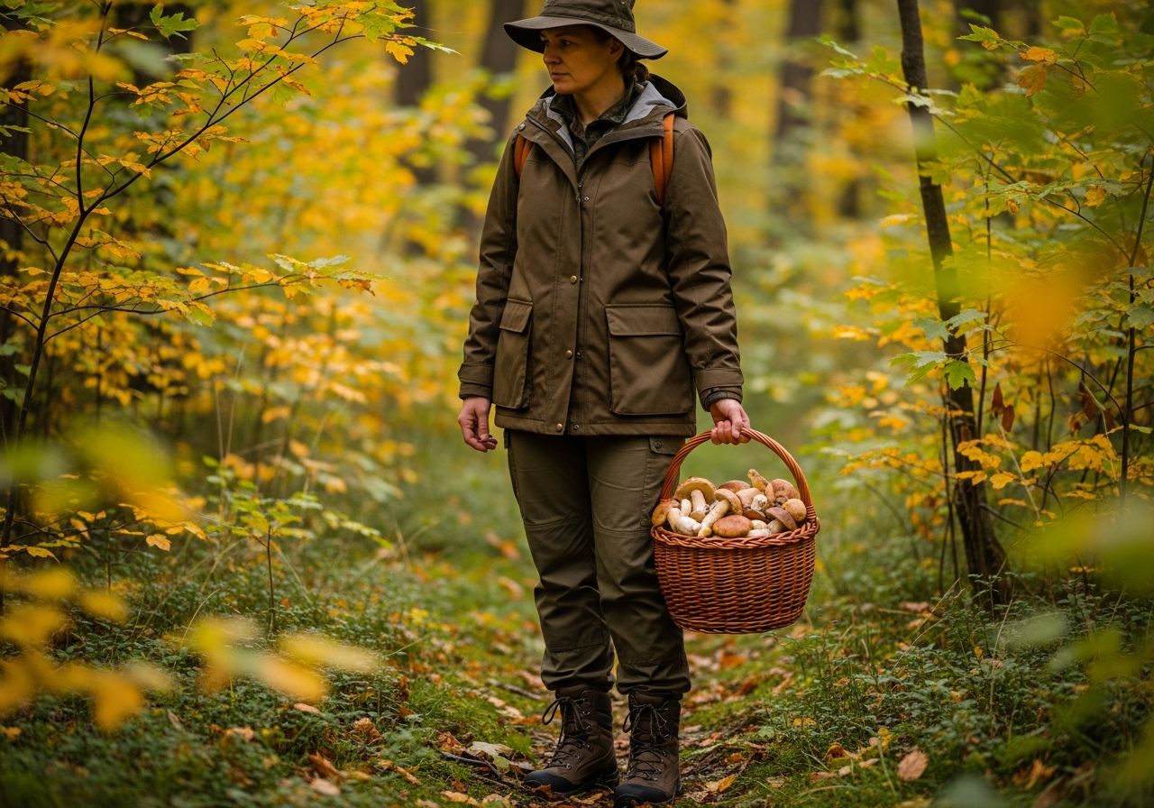 Osoba v praktickém oblečení sbírá houby v podzimním lese s košíkem plným hub.