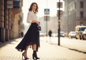 Mladá žena stojící ve městě s asymetrickou sukní a různými druhy obuvi na jedné noze.