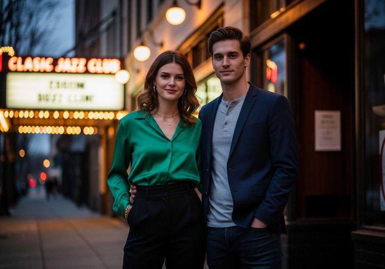 Mladý pár před jazzovým klubem večer, elegantně oblečení, pod vintage světlem klubu.
