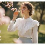 Mladá žena v bílé blůze s volánky jemně dotýkající se květu v rozkvetlé zahradě.