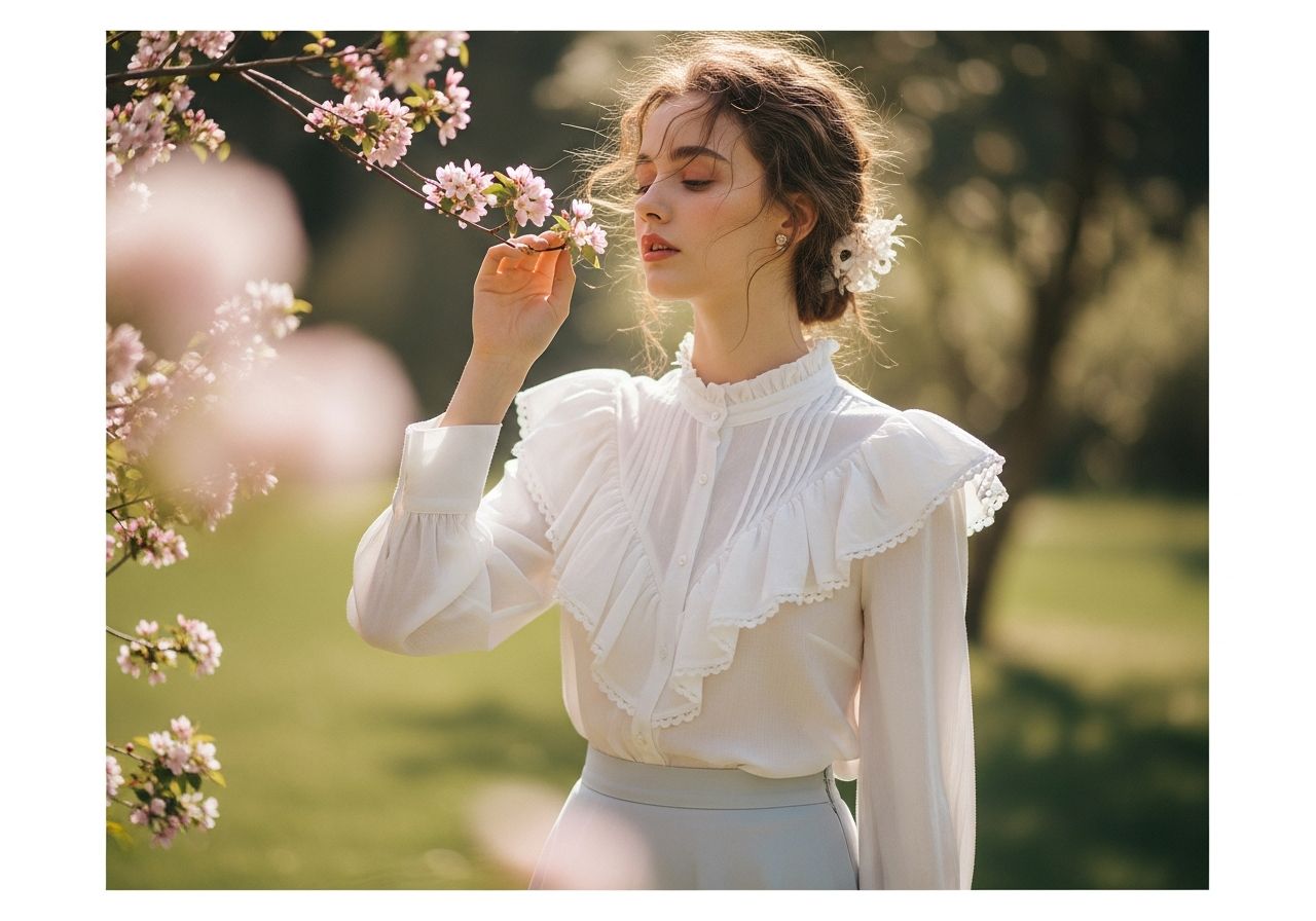Mladá žena v bílé blůze s volánky jemně dotýkající se květu v rozkvetlé zahradě.