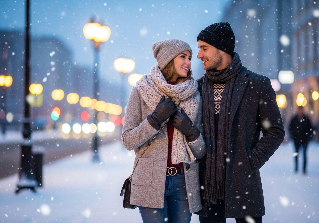 Mladý pár v zimním oblečení stojí venku na zasněžené městské ulici za soumraku.