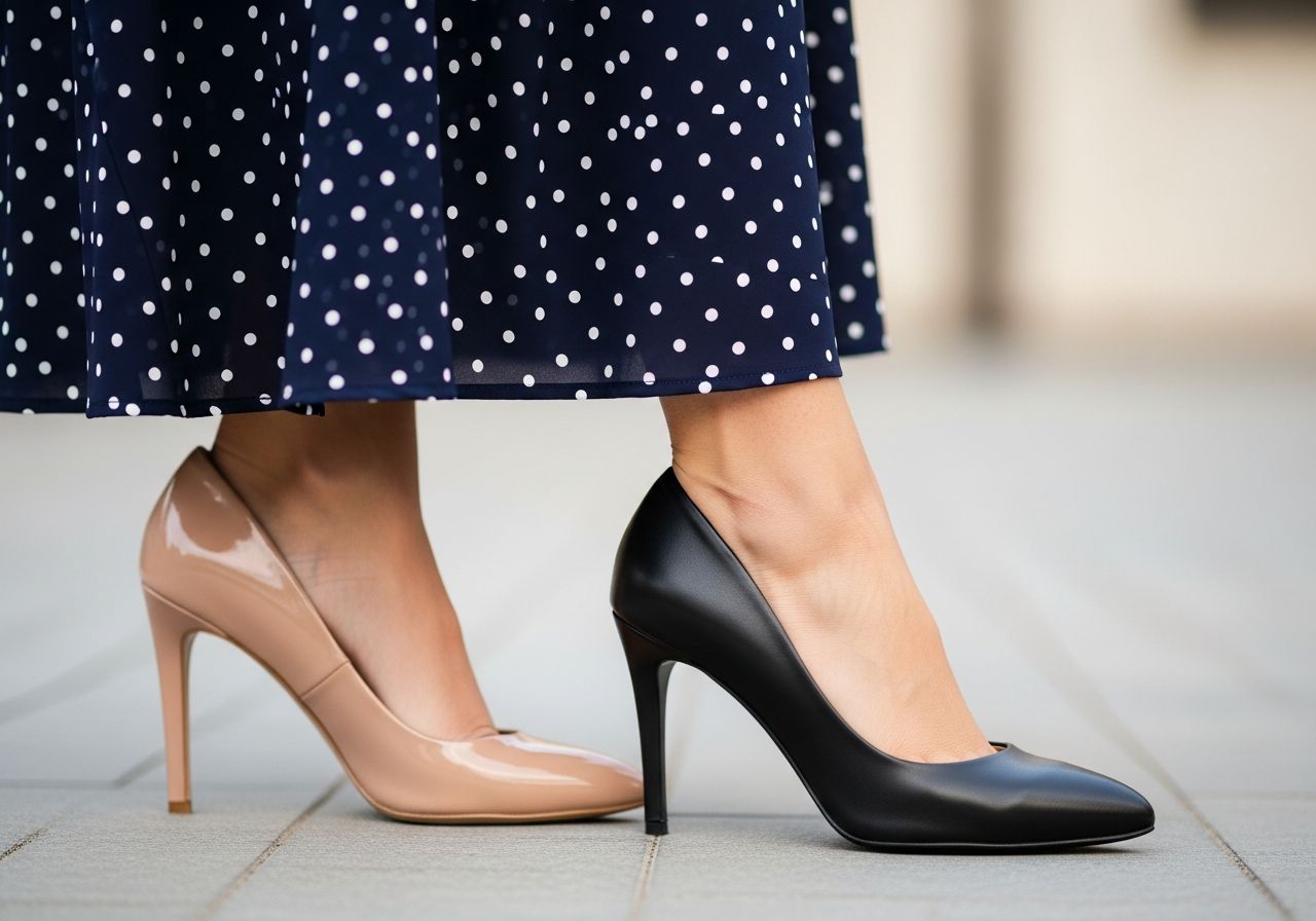 Žena v tmavě modrých šatech s puntíky, obutá do jednoho nude lodičky a jednoho černého lodičky.