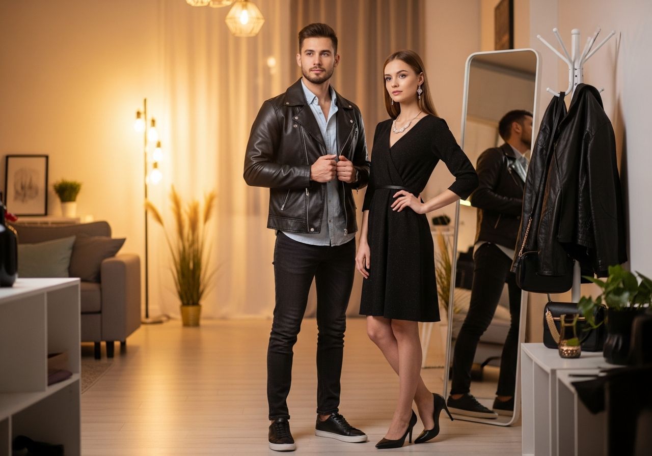 Mladý pár kontroluje oblečení u zrcadla v moderním bytě před vyjitím do klubu.