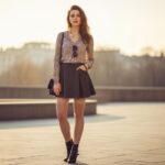 Mladá žena ve městě během zlaté hodiny v punčochách, sukni a kotníkových botách s přirozeným líčením