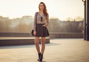 Mladá žena ve městě během zlaté hodiny v punčochách, sukni a kotníkových botách s přirozeným líčením