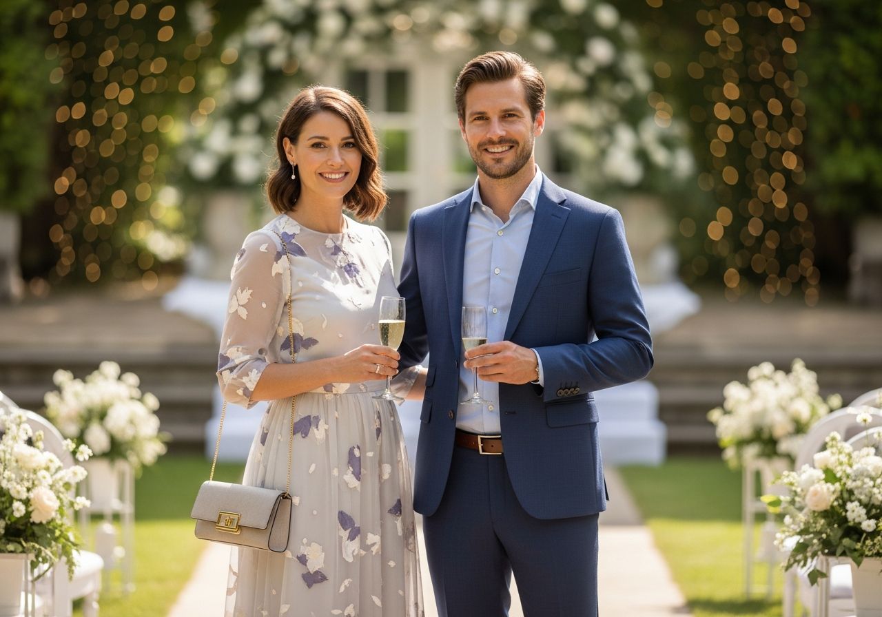 Stylově oblečený pár na zahradní svatbě drží sklenky šampaňského, pozadí s dekoracemi rozostřené.