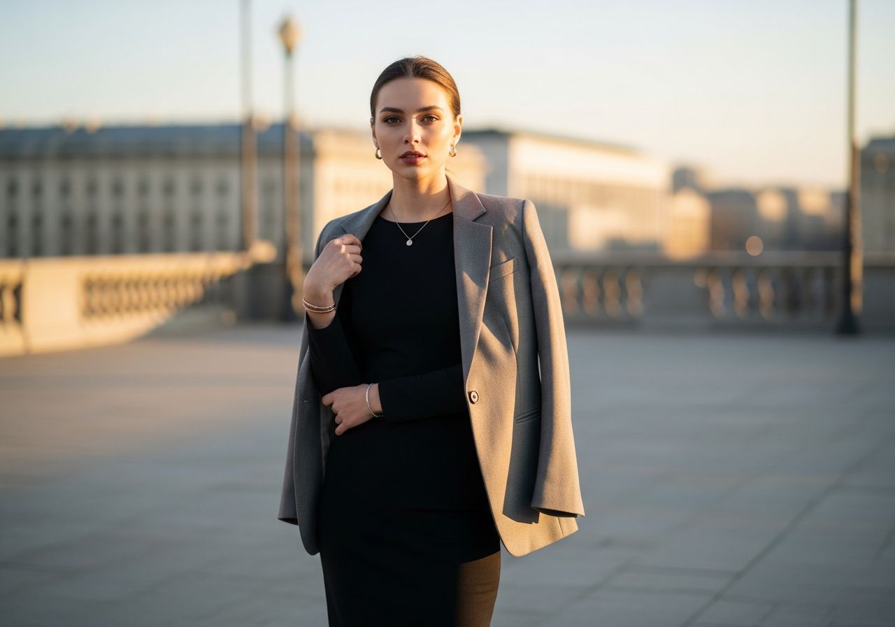 Mladá žena v černých šatech a béžovém saku v městském prostředí během zlaté hodiny