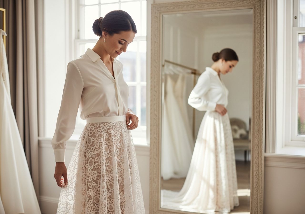 Nevěsta zkouší svatební sukni v světlém butiku před velkým zrcadlem s detaily krajky a perliček.