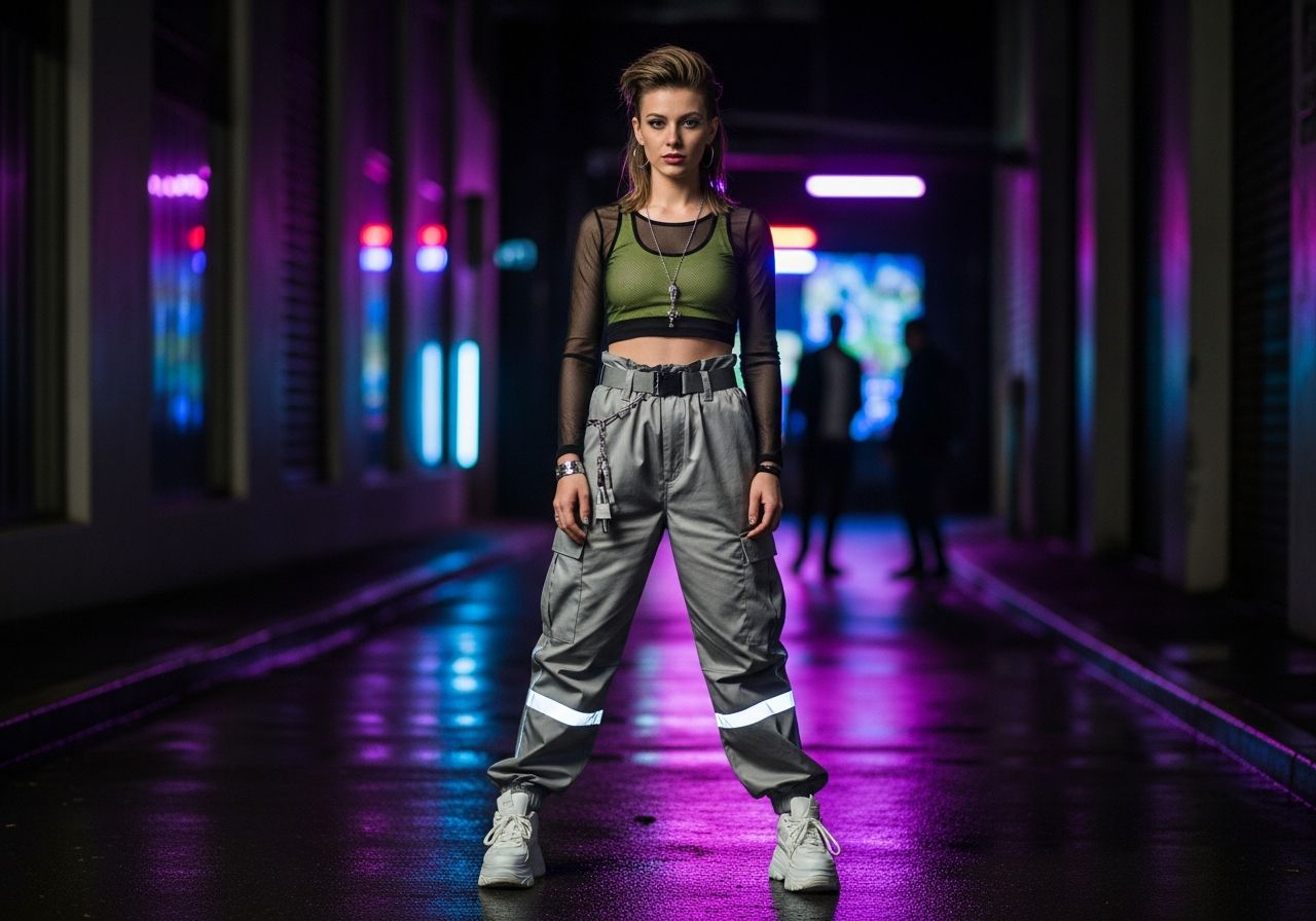 Mladá žena v techno oblečení stojí v městské uličce s neonovými světly a tanečníky v pozadí.