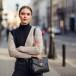 Stylová mladá žena v městském prostředí s moderním outfitem a přirozeným denním světlem.