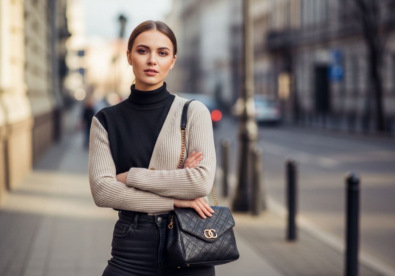 Stylová mladá žena v městském prostředí s moderním outfitem a přirozeným denním světlem.