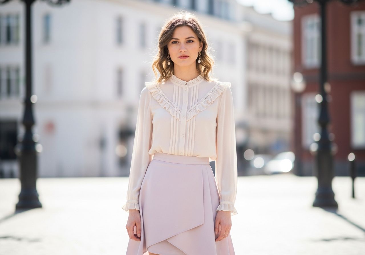 Mladá žena v světle blůze a asymetrické sukni stojí venku s rozmazaným městským pozadím.