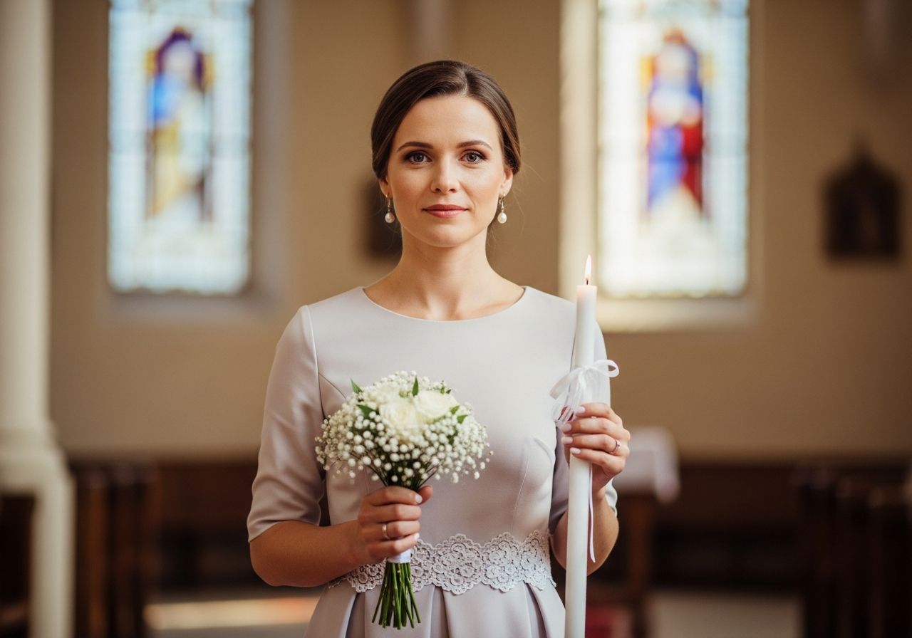 Kmotra v pastelových šatech drží křestní svíčku a kytici v kostele s vitrážemi v pozadí.