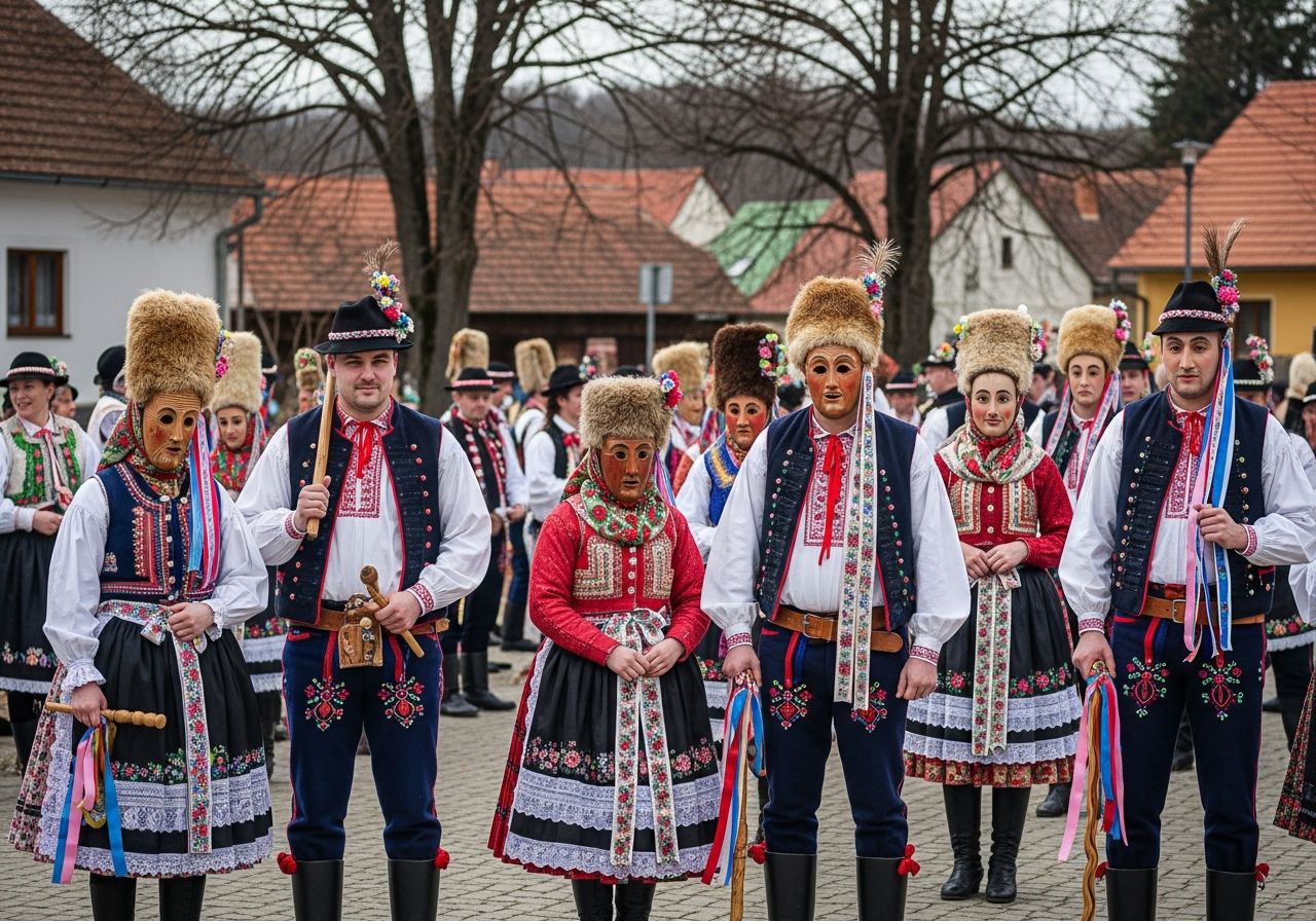 Skupina lidí v tradičních masopustních kostýmech na vesnickém náměstí během dne