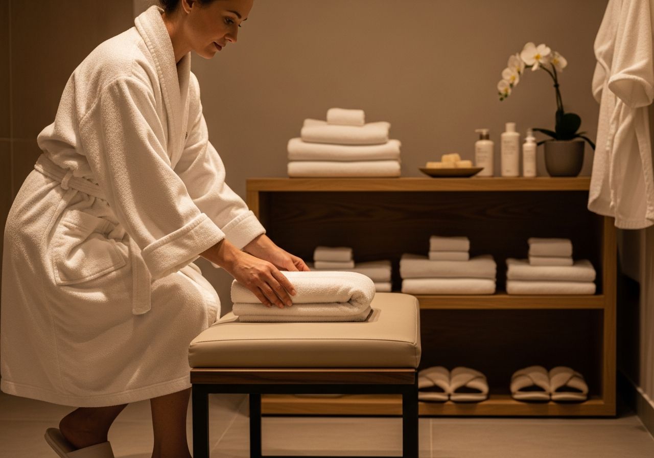 Žena v županu ukládá ručník v klidné hotelové spa šatně s dřevěnými policemi a měkkými ručníky.