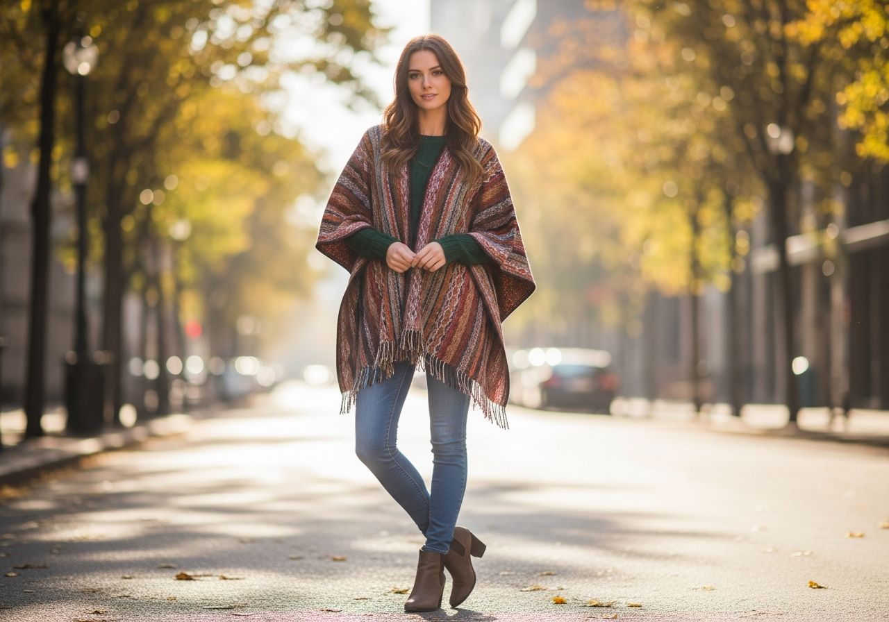 Žena v pleteném ponču stojí na ulici s podzimními listy v pozadí, oblečená v džínech a botách