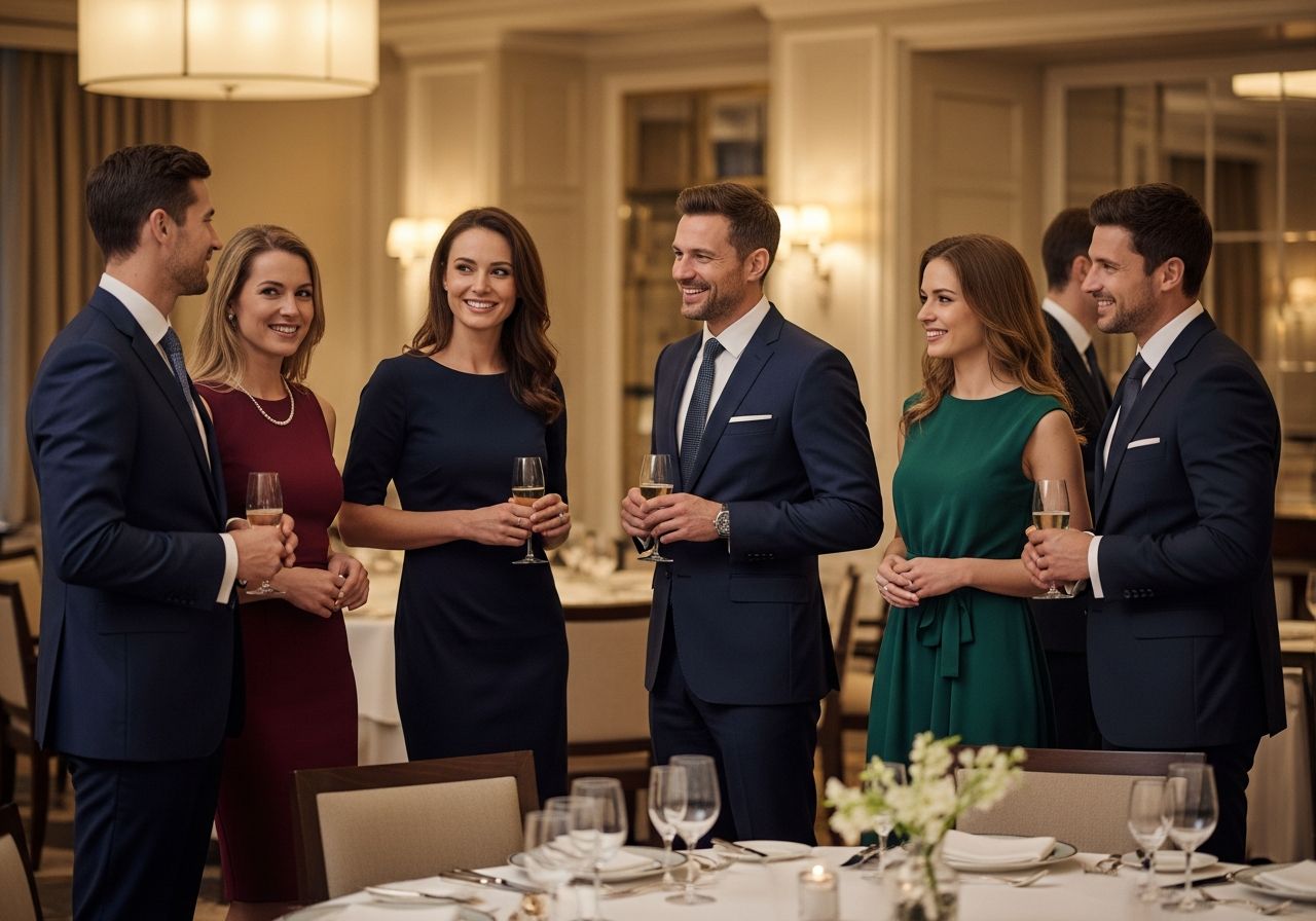 Stylová společenská večeře s lidmi v oblecích a šatech v luxusní restauraci s elegantním stolováním