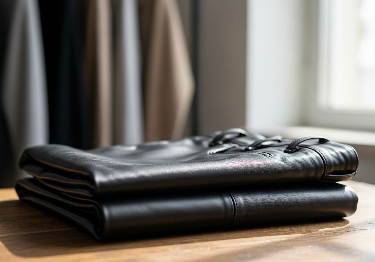 Černé kožené kalhoty na dřevěném povrchu, jemná textura a přirozené záhyby osvětlené denním světlem.