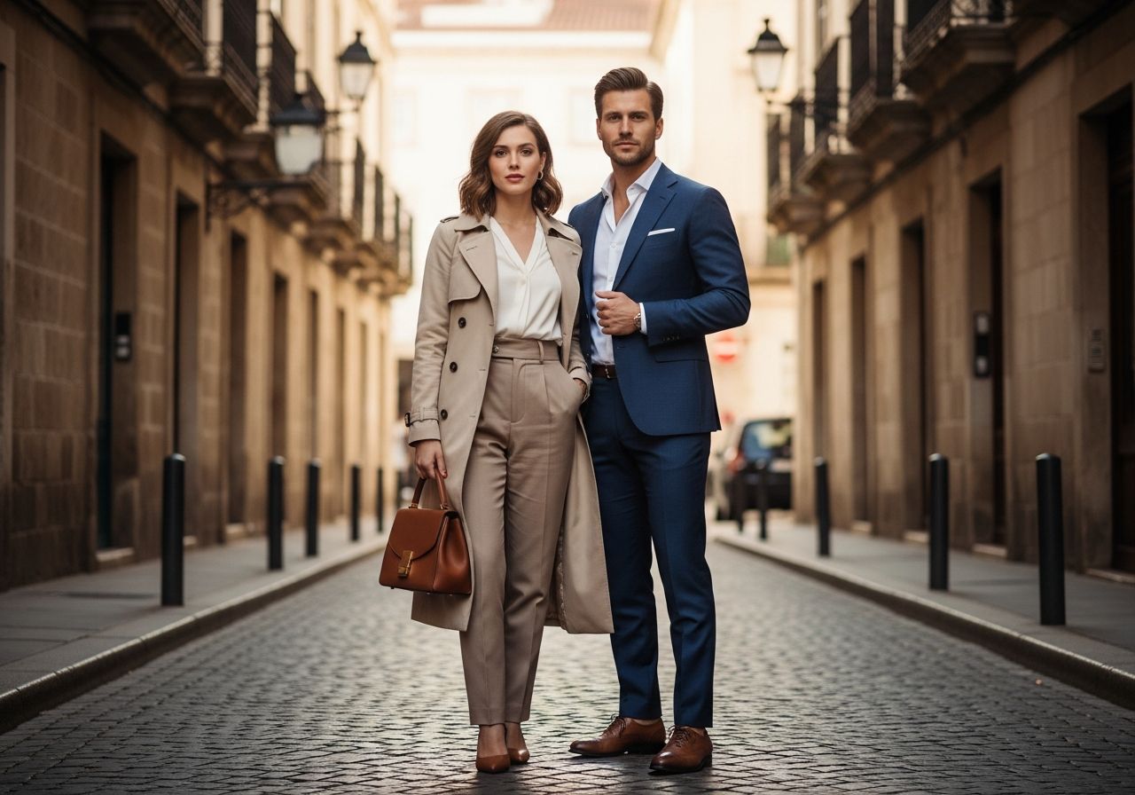 Elegantní pár v klasickém oblečení na dlážděné ulici historického evropského města ve zlatém světle