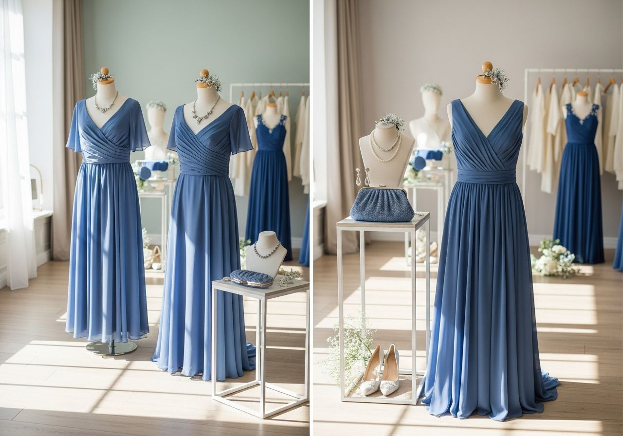 Svatební modré šaty na manekýnech s doplňky v minimalistickém butik s přirozeným světlem