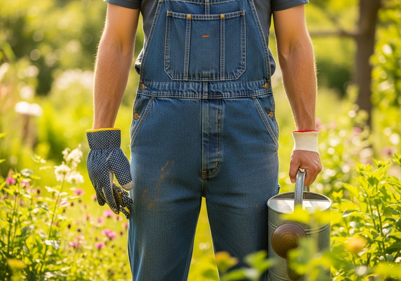 Zahradník v modrých pracovních kalhotách drží rukavice a konev v slunné zahradě.
