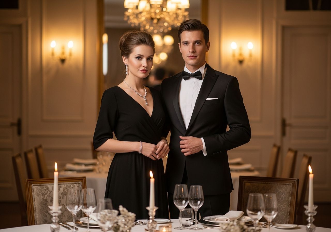 Elegantní pár v černém oblečení před slavnostně prostřeným stolem v luxusní jídelně.