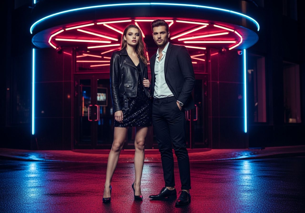 Stylový pár před nočním klubem za jasných neonových světel na mokrém chodníku večer