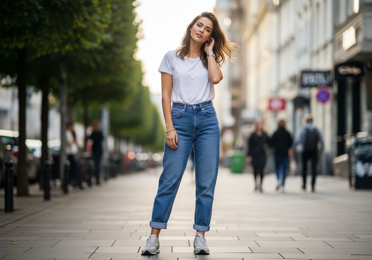 Mladá žena v džínách a bílém tričku stojí na městské ulici s rozmazaným pozadím lidí a zeleně.