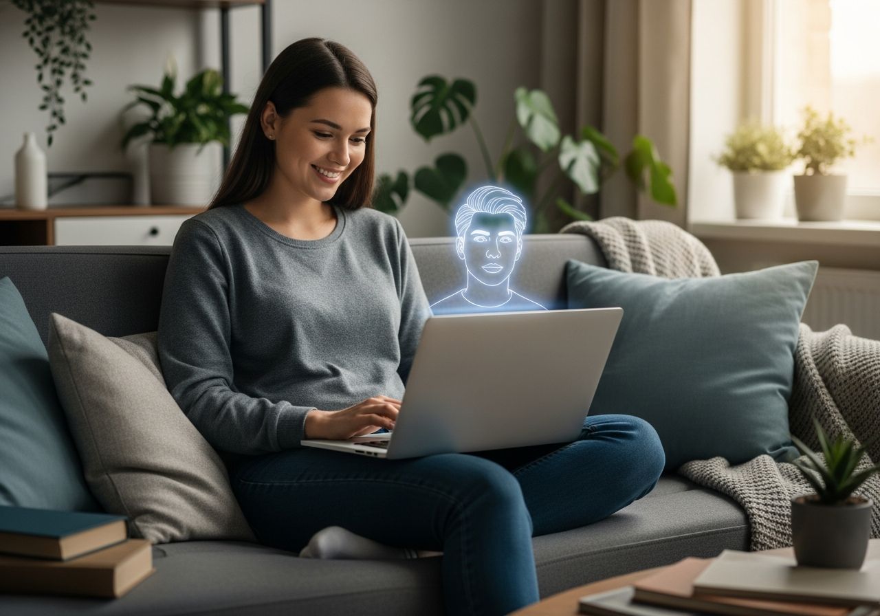 Mladá žena sedí na pohovce s laptopem a holografickým obličejem muže ve světle obývacího pokoje.