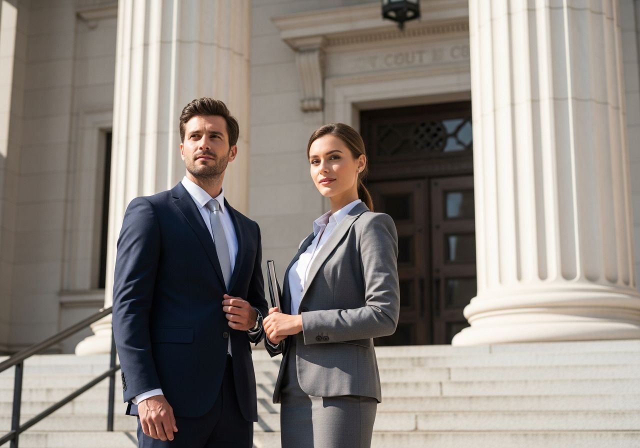Muž a žena v formálním oblečení před soudní budovou s vysokými sloupy.