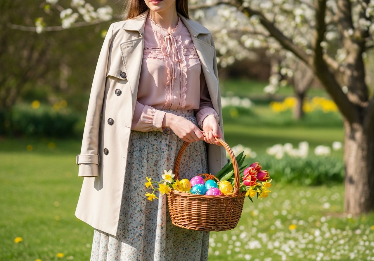 Mladá žena venku na jaře s košíkem vajíček a květin stojí před rozkvetlou zahradou.