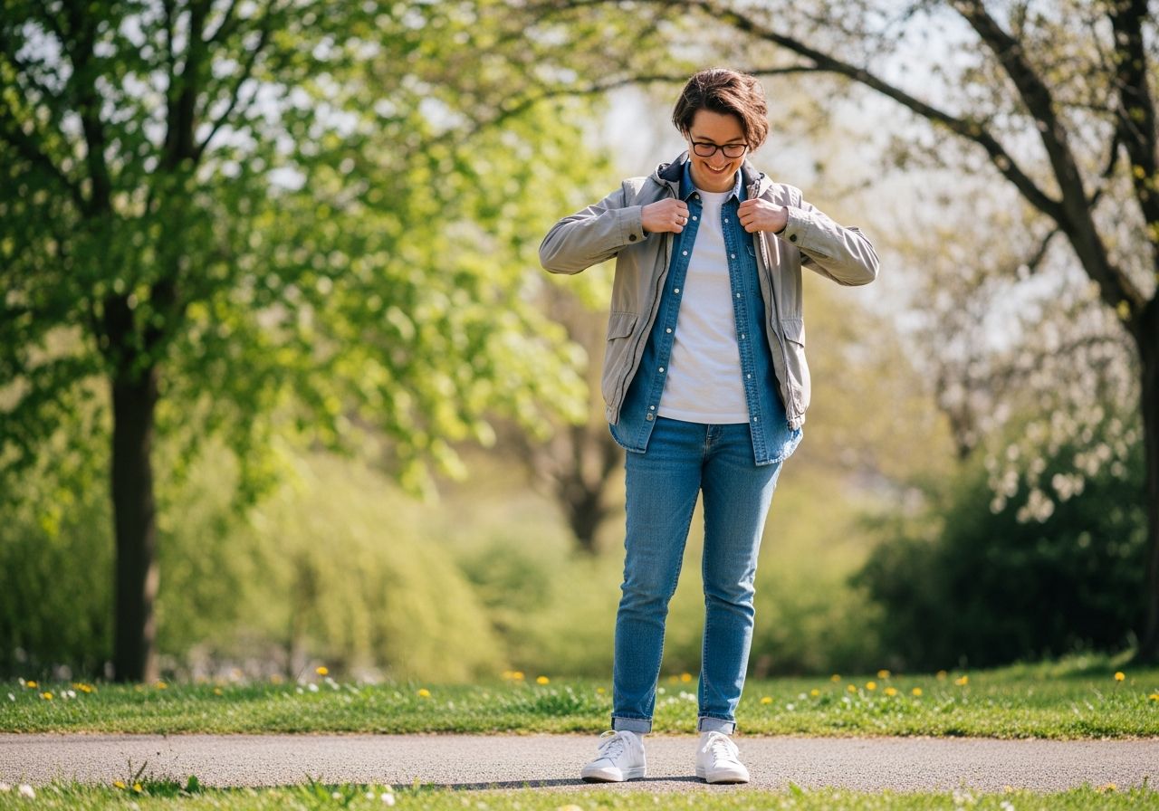 Osoba venku v lehké bundě na jaře, usmívá se a upravuje si oblečení, zelené stromy v pozadí.