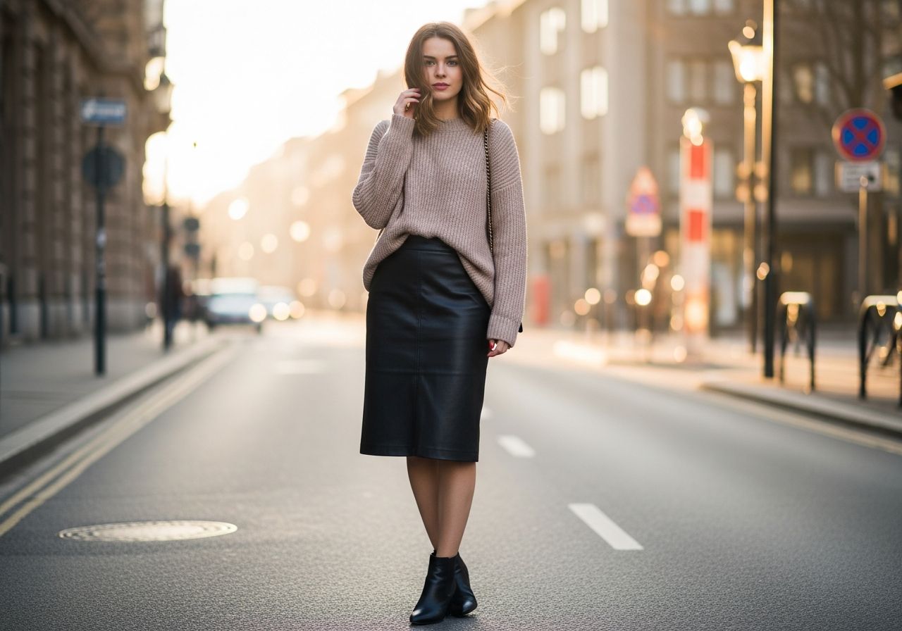 Mladá žena v kožené sukni a svetrů na městské ulici při zlaté hodině