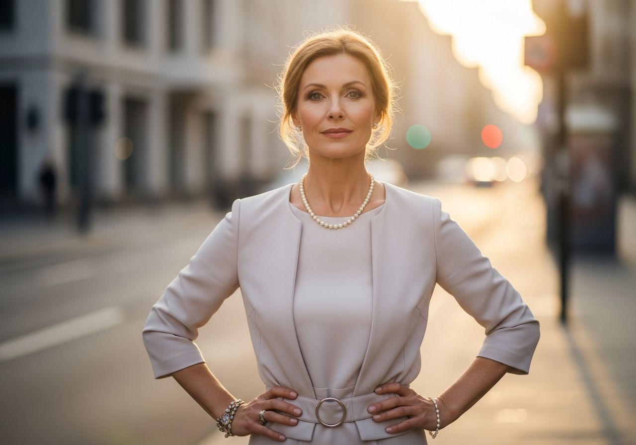 Žena kolem padesátky v elegantním neutrálním oblečení stojí na městské ulici za zlaté hodiny.