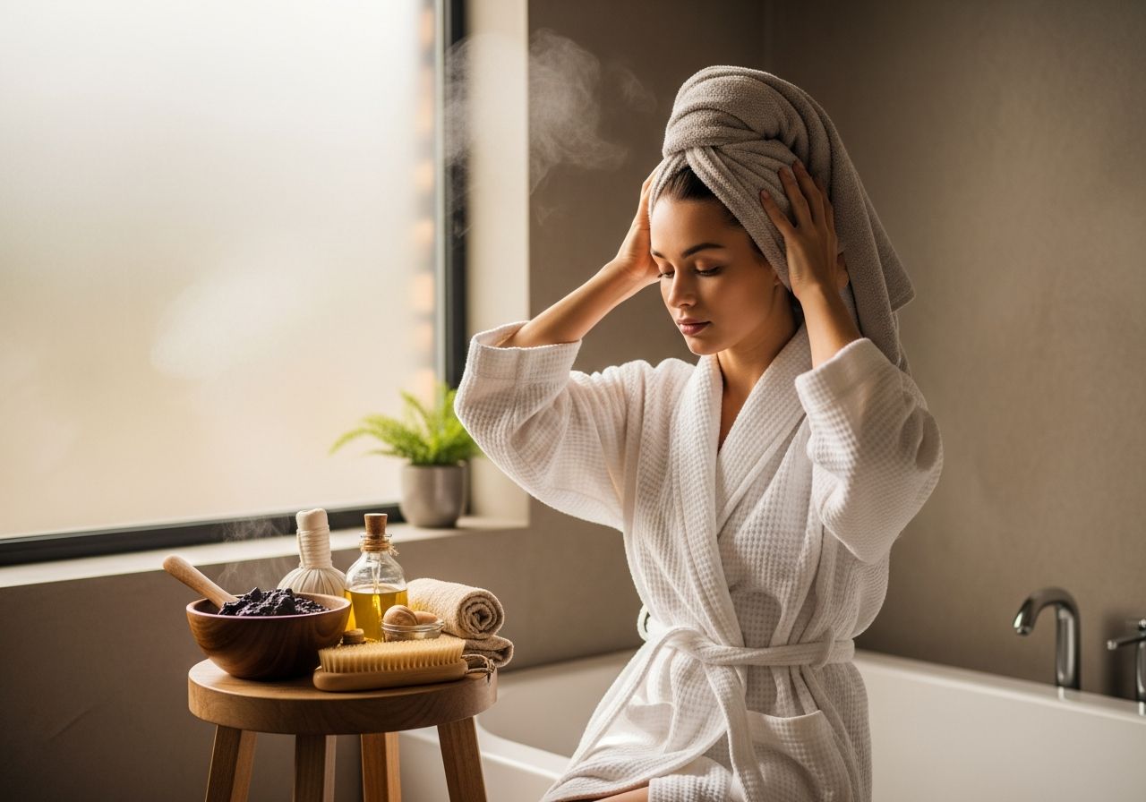 Žena v županu si zabalí vlasy ručníkem vedle misky s bahenní koupelí a přírodními spa produkty.